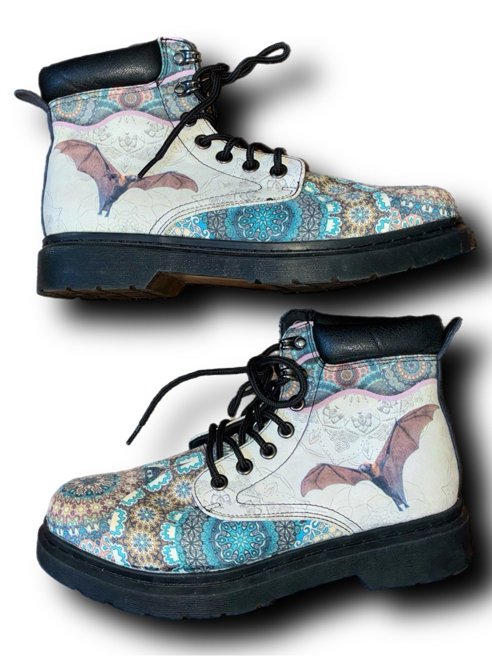 Whimsigoth Bat Mandala Print Leather Combat Hiking Boots